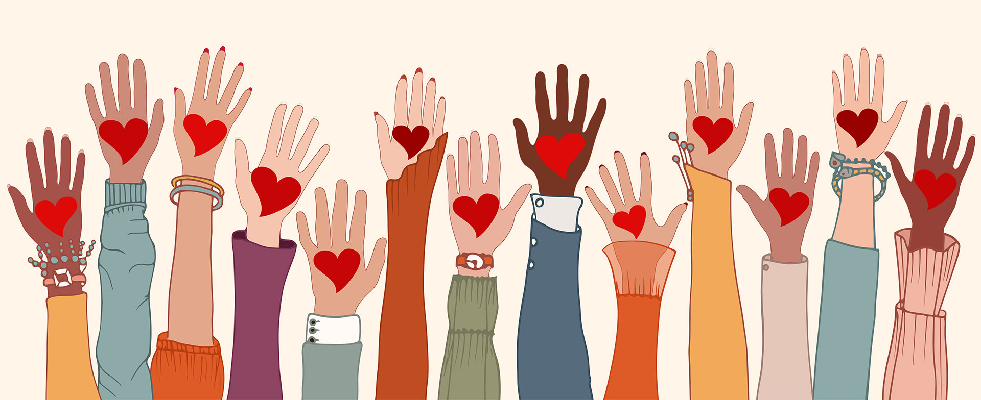 Illustration de mains de différentes couleurs levées, chacune avec un cœur rouge sur la paume, symbolisant la coopération et le soutien collectif.